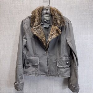 BB Dakota 100% Cotton Gray Short Jacket Faux Fur Collar Sz. X-Large